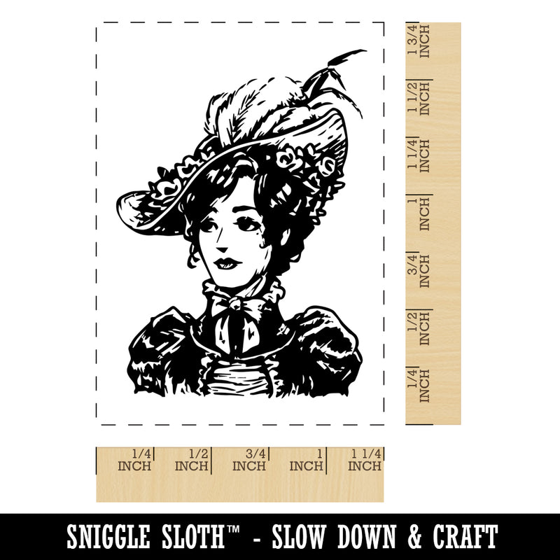 Elegant Victorian Lady Woman with Flower and Feathers in her Hat Rectangle Rubber Stamp for Stamping Crafting