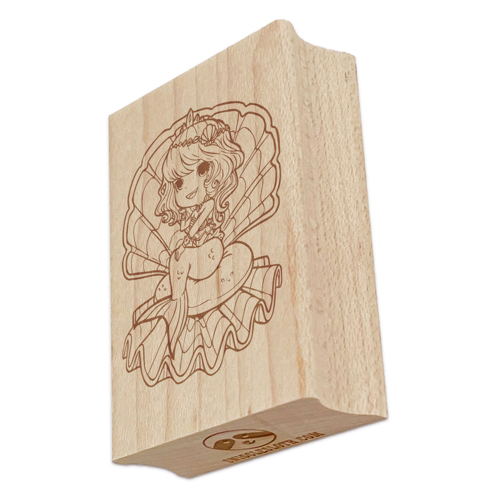 Fancy Kawaii Chibi Mermaid Princess in Giant Clam Shell Rectangle Rubber Stamp for Stamping Crafting