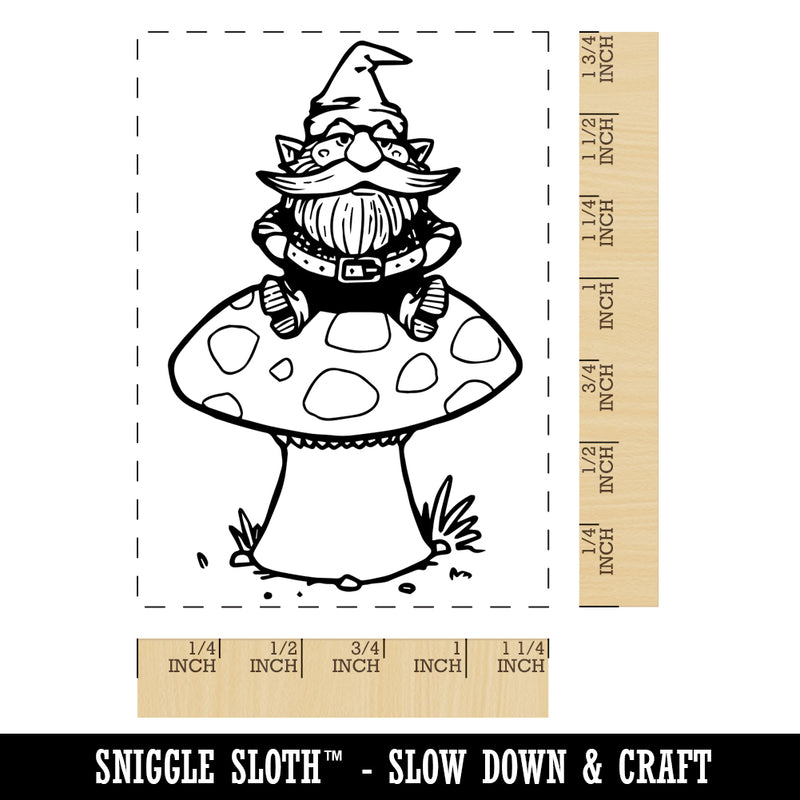 Garden Gnome Sitting on Toadstool Mushroom Rectangle Rubber Stamp for Stamping Crafting