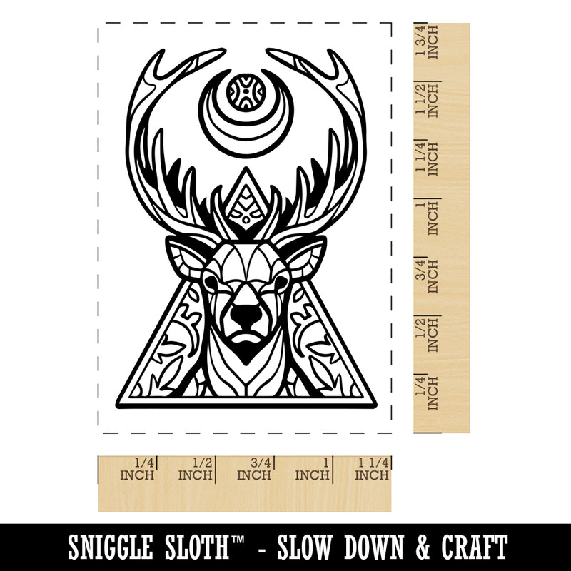 Geometric Spiritual Deer Buck in Triangle with Antlers and Moon Rectangle Rubber Stamp for Stamping Crafting