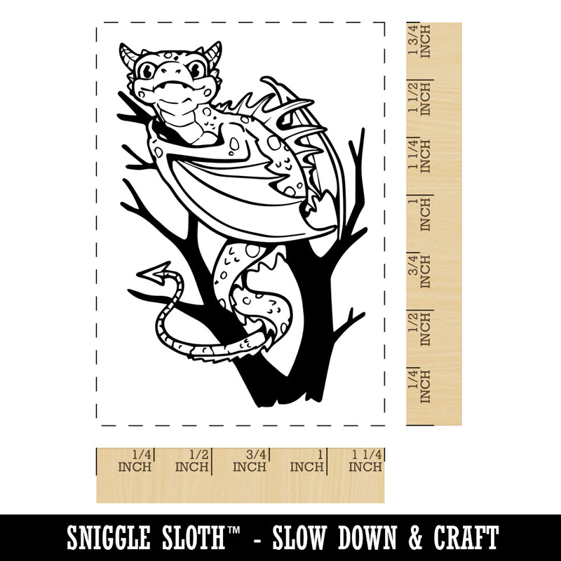 Inquisitive Young Dragon Resting on Branch Rectangle Rubber Stamp for Stamping Crafting