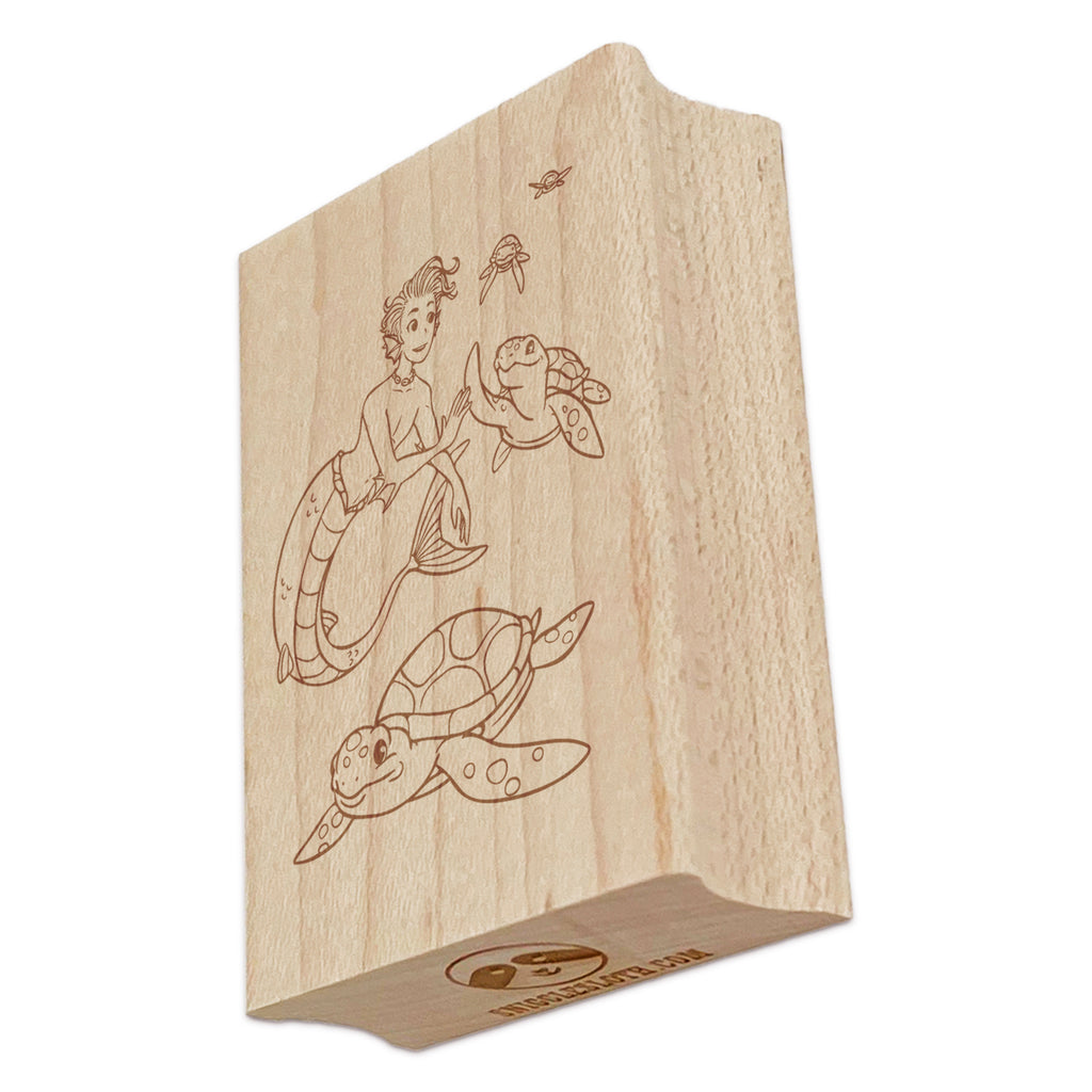 Mermaid Boy Giving High Fives to Sea Turtles Rectangle Rubber Stamp for Stamping Crafting