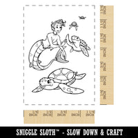 Mermaid Boy Giving High Fives to Sea Turtles Rectangle Rubber Stamp for Stamping Crafting