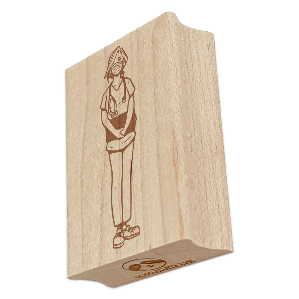 Nurse Woman Standing In Scrubs with Clipboard Rectangle Rubber Stamp for Stamping Crafting