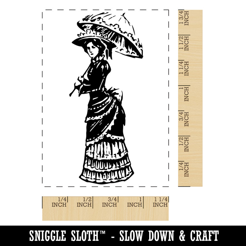 Pensive Victorian Woman Standing with Parasol Umbrella in Hand Rectangle Rubber Stamp for Stamping Crafting