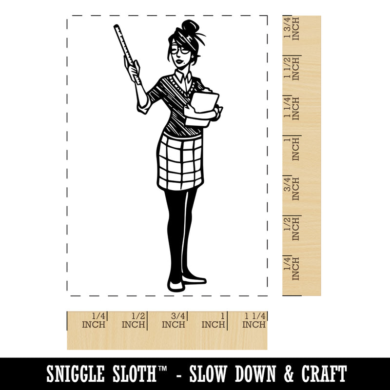 Teacher Instructor Librarian Woman with Ruler and Clipboard Rectangle Rubber Stamp for Stamping Crafting