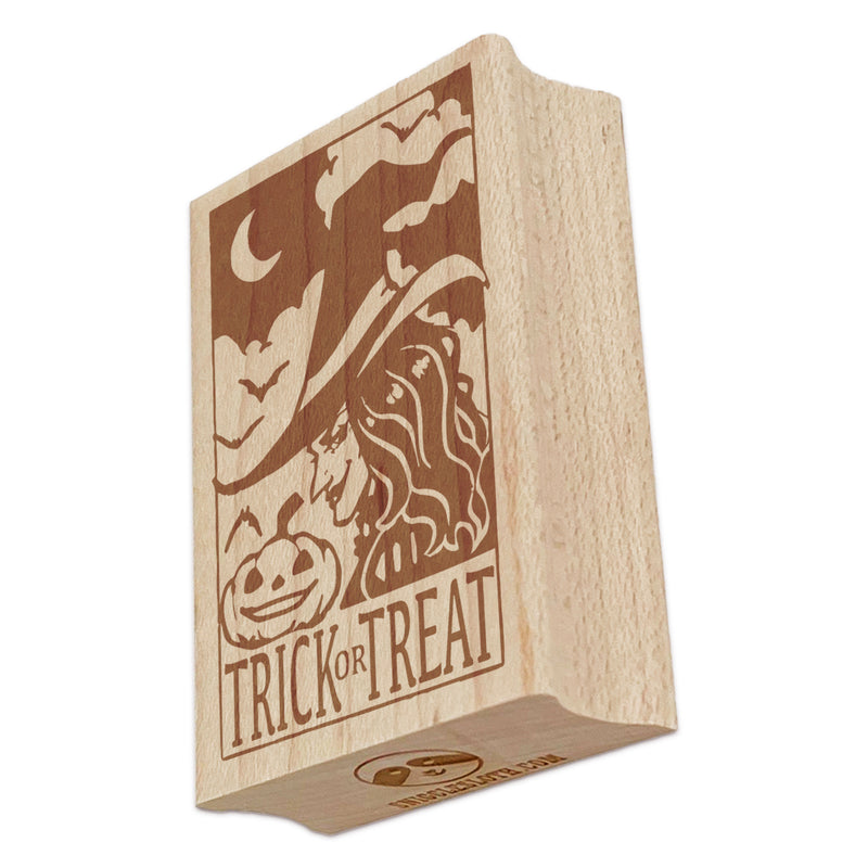 Trick or Treat Witch with Bats and Jack o Lantern Pumpkin Rectangle Rubber Stamp for Stamping Crafting