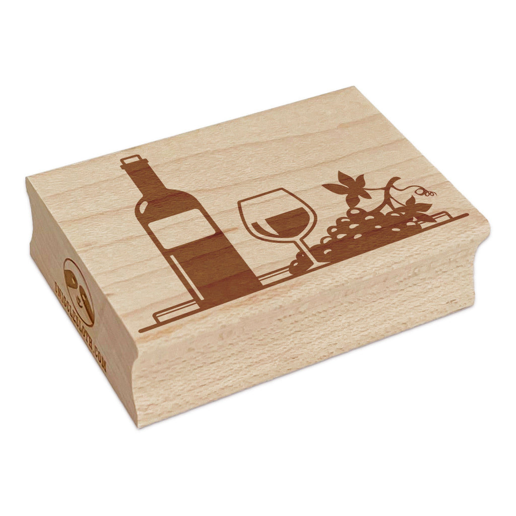 Wine Bottle with Glass and Grapes Rectangle Rubber Stamp for Stamping Crafting