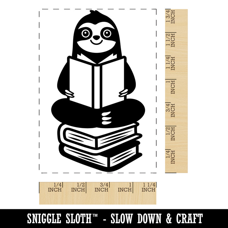 Sloth Reading on Book Stack Rectangle Rubber Stamp for Stamping Crafting