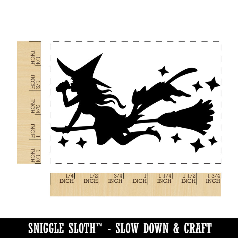 Witch On Broom Halloween Coffee Cat Rectangle Rubber Stamp for Stamping Crafting