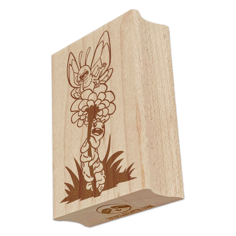 Butterfly Caterpillar on Flower Rectangle Rubber Stamp for Stamping Crafting