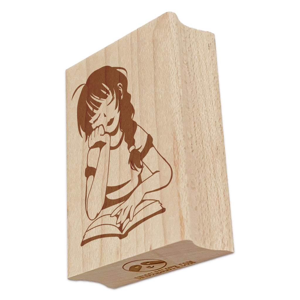 Girl Daydreaming with Book Reading Rectangle Rubber Stamp for Stamping Crafting