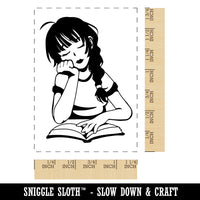 Girl Daydreaming with Book Reading Rectangle Rubber Stamp for Stamping Crafting