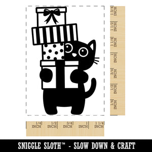 Cat Holding Stack of Presents Birthday Christmas Rectangle Rubber Stamp for Stamping Crafting