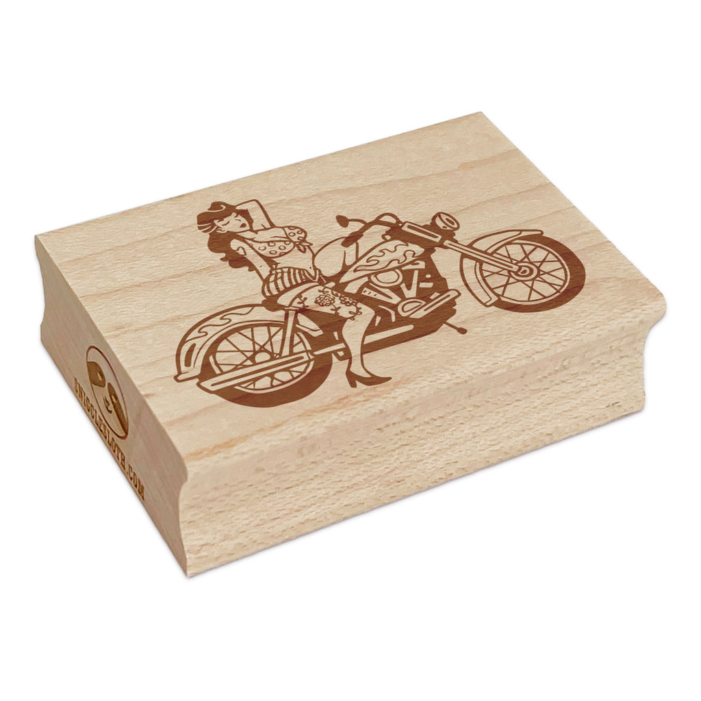 Pinup Woman Biker on Motorcycle Rectangle Rubber Stamp for Stamping Crafting