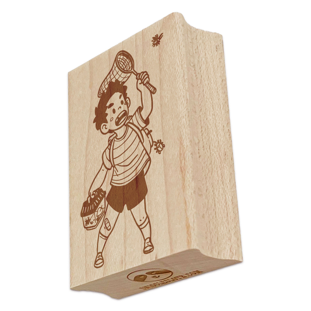 Bug Catcher Boy with Net Rectangle Rubber Stamp for Stamping Crafting