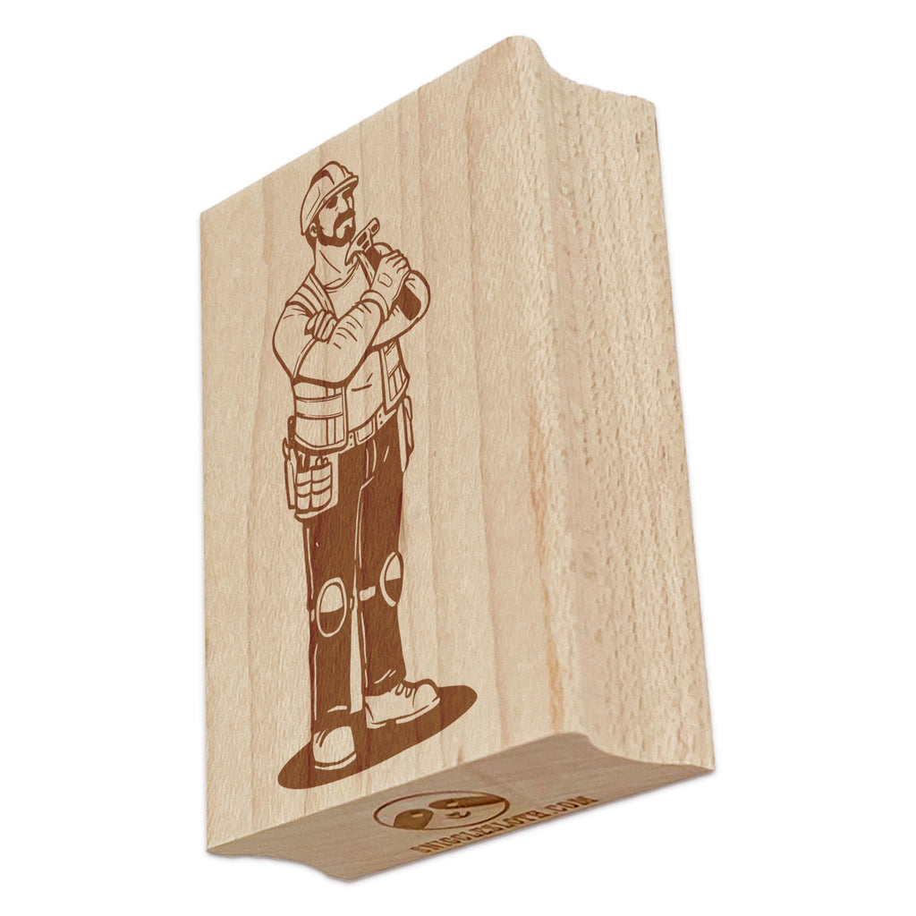 Construction Worker Builder Man With Hammer Rectangle Rubber Stamp for Stamping Crafting