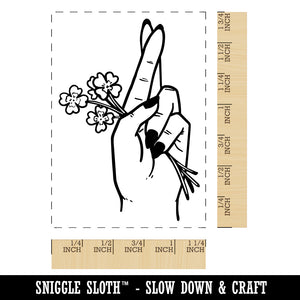 Crossed Fingers Holding Lucky Clovers Rectangle Rubber Stamp for Stamping Crafting