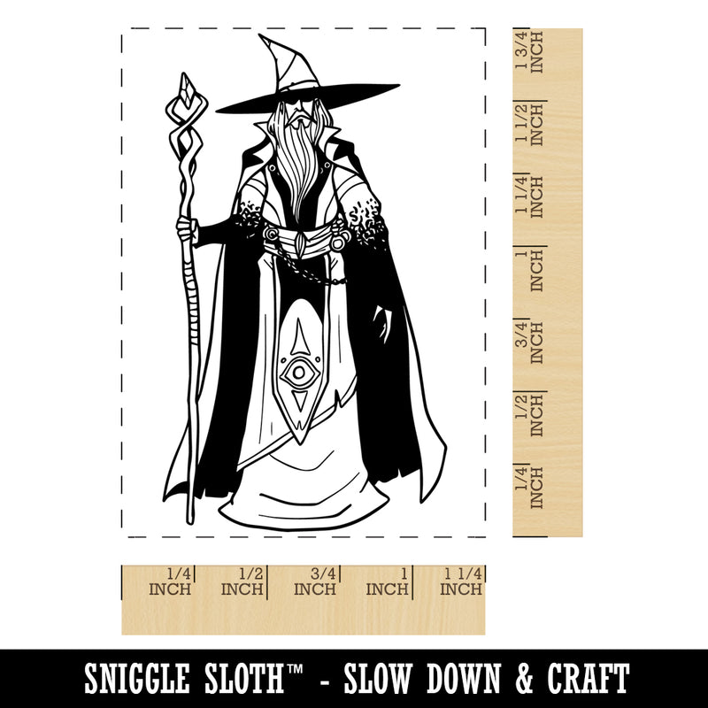 Old Wizard Mage with Cape and Staff Rectangle Rubber Stamp for Stamping Crafting