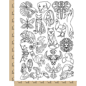 Artsy Contour Line Drawings Animals Temporary Tattoo Water Resistant Fake Body Art Set Collection