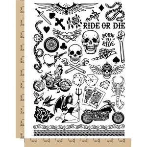 Biker Skulls Motorcycle Club Temporary Tattoo Water Resistant Fake Body Art Set Collection