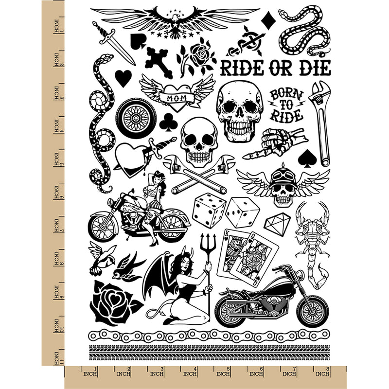 Biker Skulls Motorcycle Club Temporary Tattoo Water Resistant Fake Body Art Set Collection