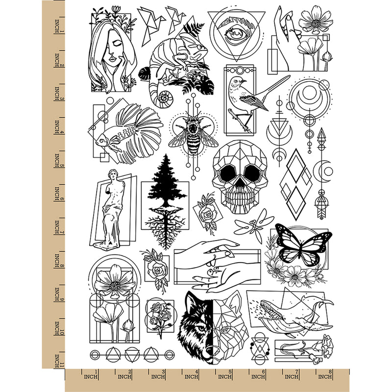 Geometric Shapes Flowers Animals Temporary Tattoo Water Resistant Fake Body Art Set Collection