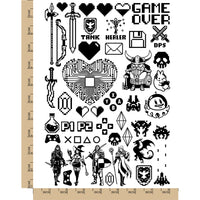 Pixel Retro Video Games Temporary Tattoo Water Resistant Fake Body Art Set Collection
