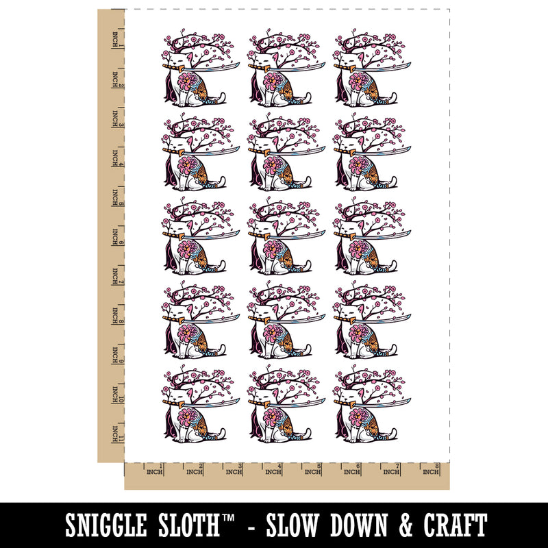 Samurai Cat Under Sakura Cherry Blossom Temporary Tattoo Water Resistant Fake Body Art Set Collection (1 Sheet)