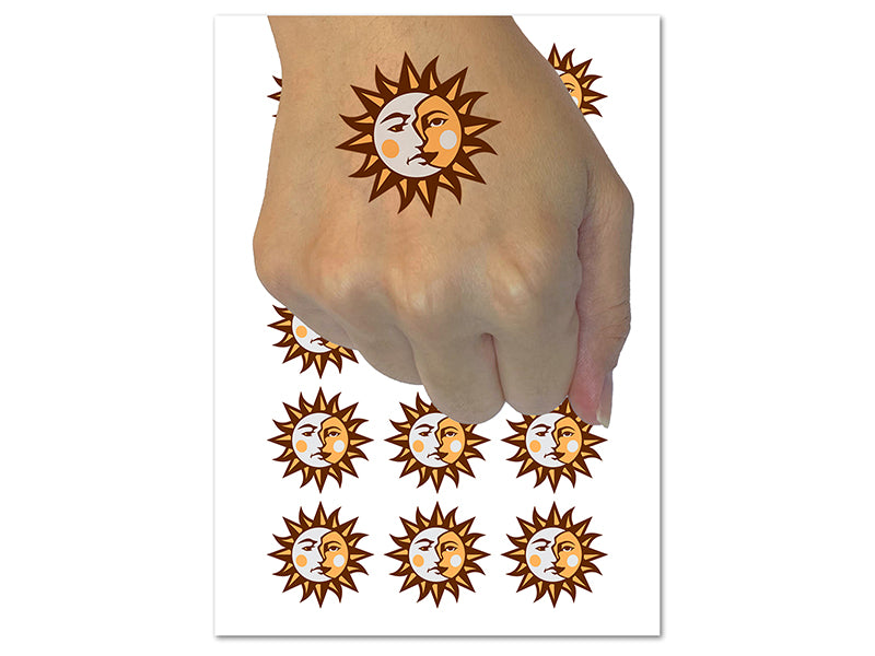 Sun and Moon Heraldic Faces Temporary Tattoo Water Resistant Fake Body Art Set Collection (1 Sheet)