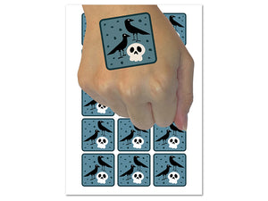 Two Ravens and Skull Halloween Doodle Temporary Tattoo Water Resistant Fake Body Art Set Collection (1 Sheet)