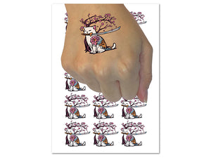 Samurai Cat Under Sakura Cherry Blossom Temporary Tattoo Water Resistant Fake Body Art Set Collection (1 Sheet)