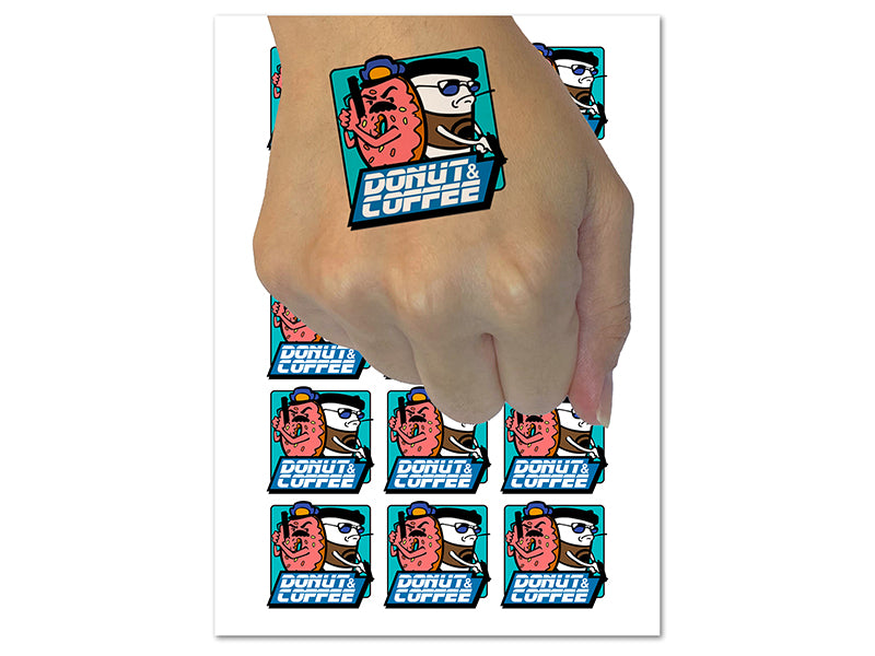 Donut and Coffee Buddy Cop Temporary Tattoo Water Resistant Fake Body Art Set Collection (1 Sheet)