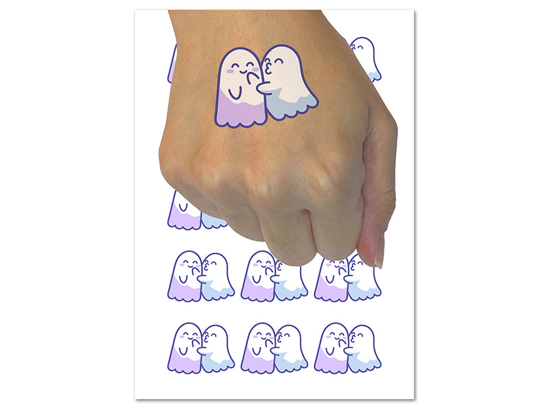 Two Ghosts in Love Kissy Face Halloween Temporary Tattoo Water Resistant Fake Body Art Set Collection (1 Sheet)