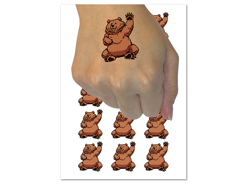 Charmingly Chubby Waving Bear Temporary Tattoo Water Resistant Fake Body Art Set Collection (1 Sheet)