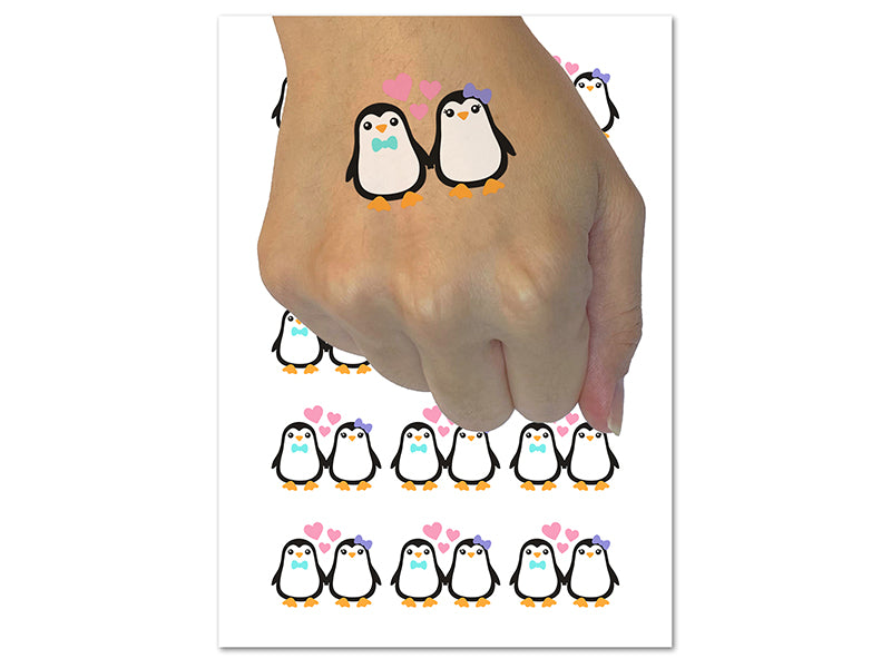Penguin Couple in Love Anniversary Temporary Tattoo Water Resistant Fake Body Art Set Collection (1 Sheet)