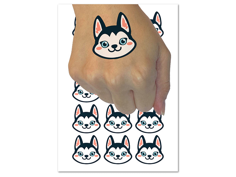 Chibi Husky Dog Head Temporary Tattoo Water Resistant Fake Body Art Set Collection (1 Sheet)