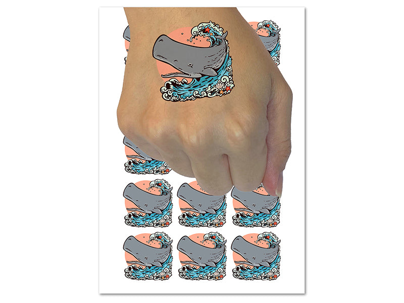 Sperm Whale on Ocean Waves Temporary Tattoo Water Resistant Fake Body Art Set Collection (1 Sheet)