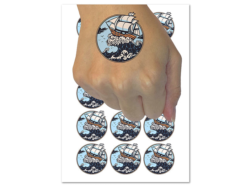 Fantasy Ship on Large Ocean Wave Temporary Tattoo Water Resistant Fake Body Art Set Collection (1 Sheet)