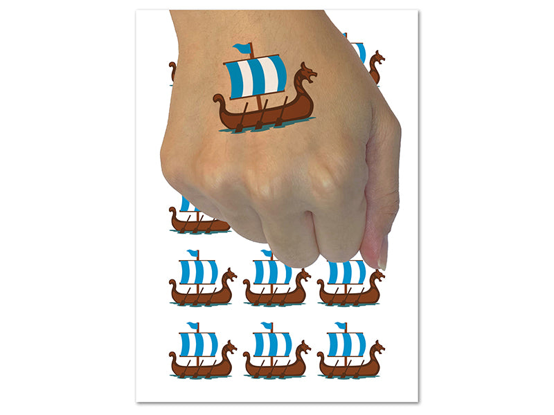 Viking Dragon Headed Longboat Ship with Sails Temporary Tattoo Water Resistant Fake Body Art Set Collection (1 Sheet)