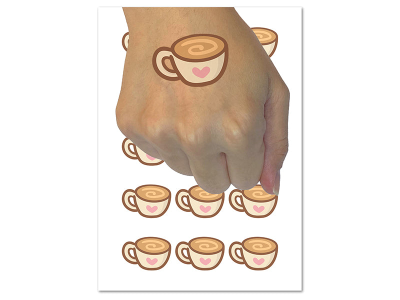 Swirly Latte Coffee Mug with Heart Temporary Tattoo Water Resistant Fake Body Art Set Collection (1 Sheet)