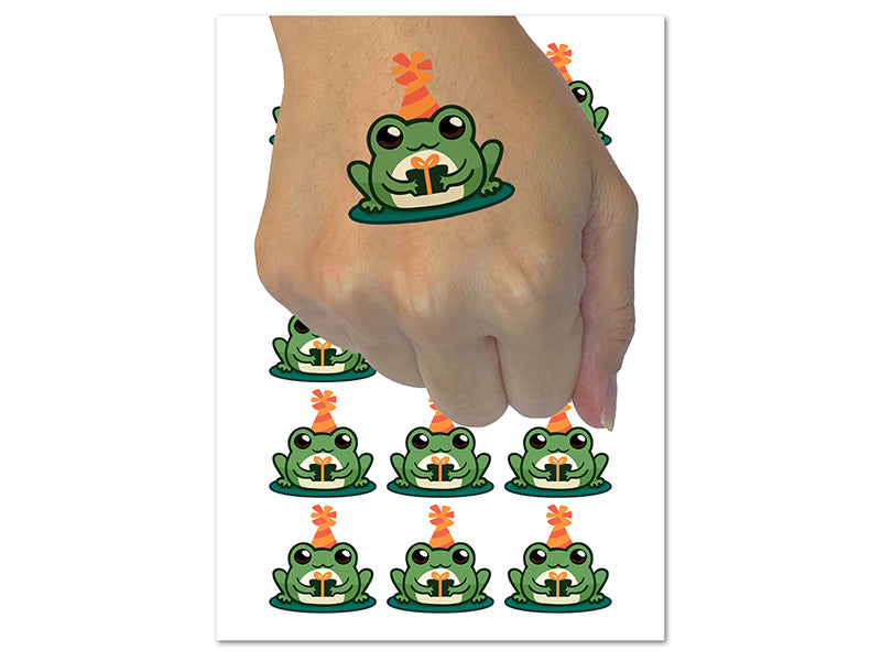 Kawaii Chibi Birthday Frog Toad Holding Gift Temporary Tattoo Water Resistant Fake Body Art Set Collection (1 Sheet)