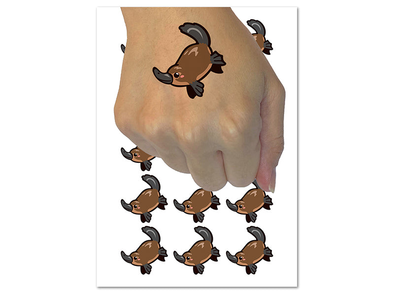 Swimming Kawaii Chibi Duck Billed Platypus Temporary Tattoo Water Resistant Fake Body Art Set Collection (1 Sheet)