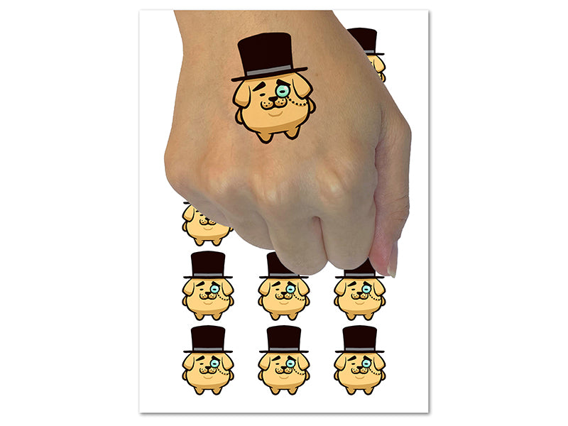 Weird Fancy Gentleman Dog Pup Top Hat Monocle Temporary Tattoo Water Resistant Fake Body Art Set Collection (1 Sheet)