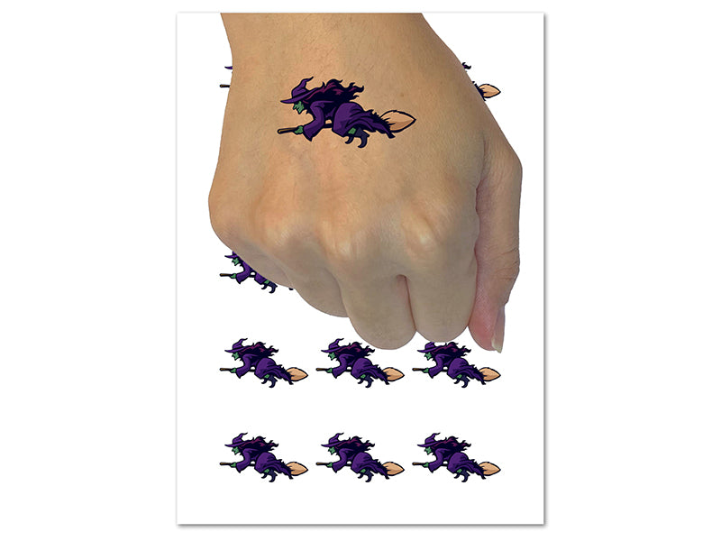 Witch Flying on a Broomstick Halloween Temporary Tattoo Water Resistant Fake Body Art Set Collection (1 Sheet)