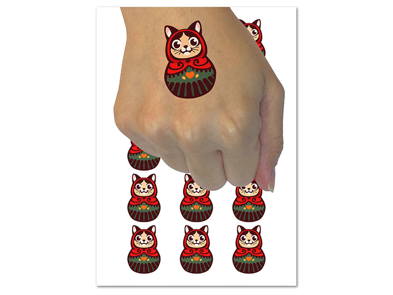 Cat Russian Nesting Doll Matroyshka Babushka Temporary Tattoo Water Resistant Fake Body Art Set Collection (1 Sheet)