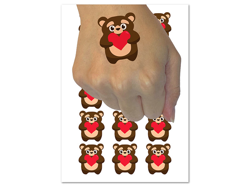 Cautious Bear with Heart in Hands Temporary Tattoo Water Resistant Fake Body Art Set Collection (1 Sheet)