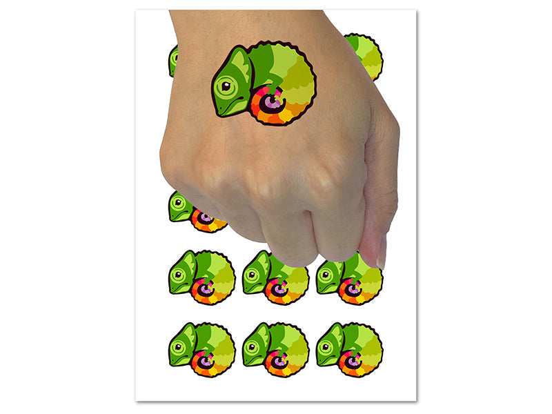 Cautiously Curled Chameleon Lizard Temporary Tattoo Water Resistant Fake Body Art Set Collection (1 Sheet)