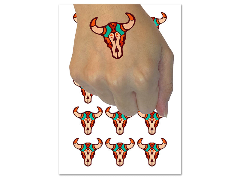 Southwestern Style Tribal Bull Cow Skull Temporary Tattoo Water Resistant Fake Body Art Set Collection (1 Sheet)