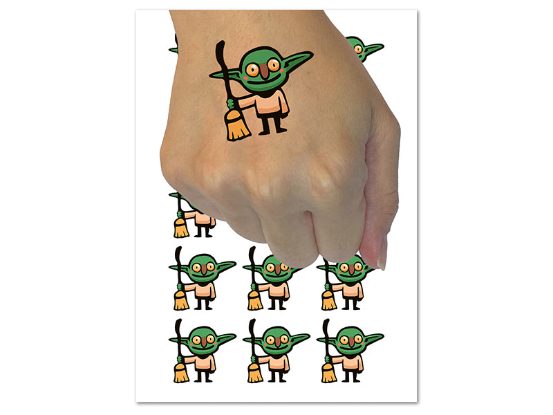 Creepy Goblin With Witch Broomstick Temporary Tattoo Water Resistant Fake Body Art Set Collection (1 Sheet)